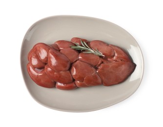 Photo of Fresh raw kidney meat with rosemary isolated on white, top view