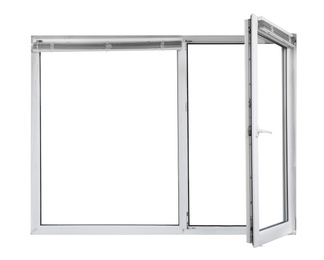 Modern open plastic window on white background