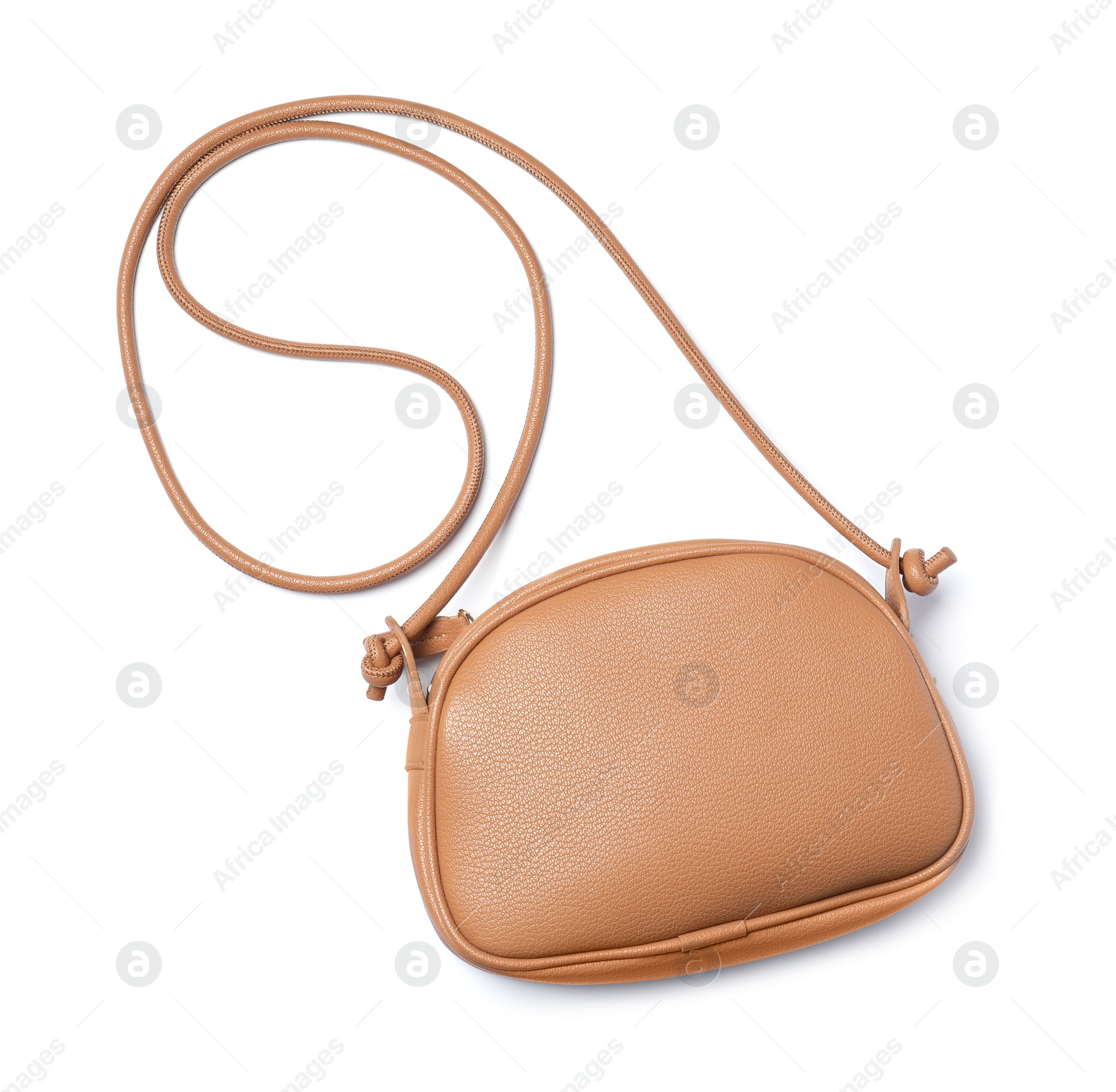 Photo of Stylish light brown leather handbag isolated on white, top view