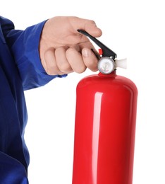 Photo of Man with fire extinguisher on white background, closeup