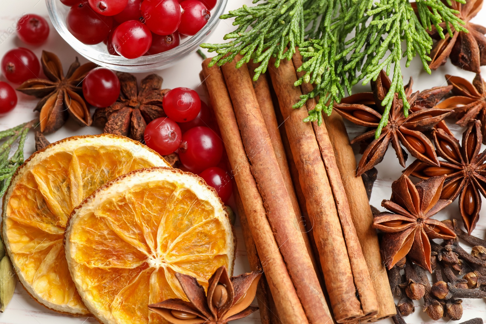 Photo of Flat lay composition with mulled wine ingredients on white table