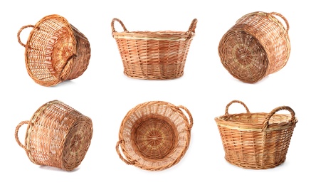 Set with empty wicker baskets on white background