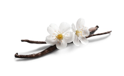 Photo of Vanilla sticks and flowers on white background