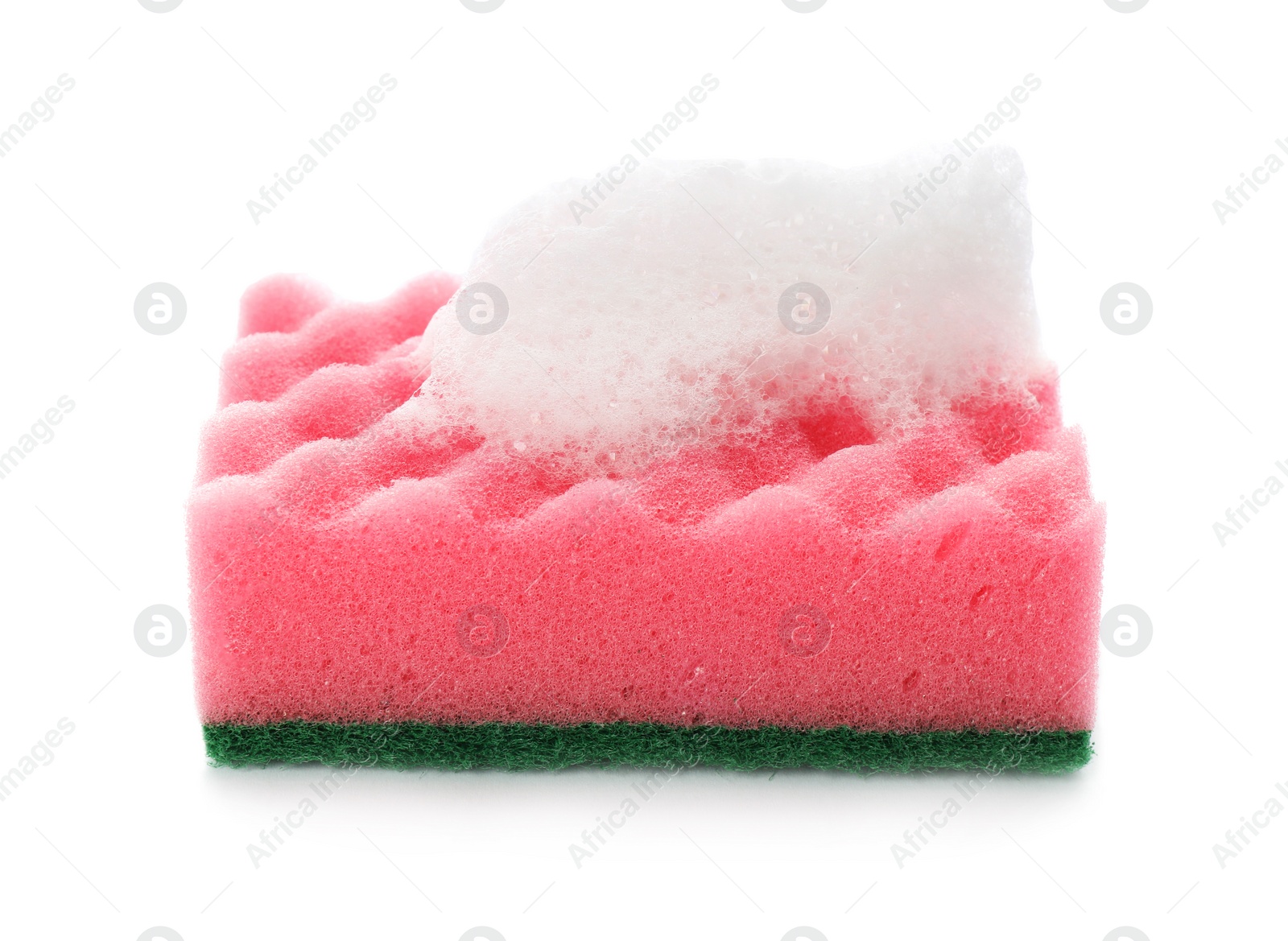 Photo of Pink cleaning sponge with foam on white background