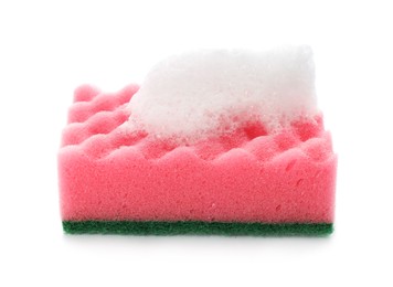 Pink cleaning sponge with foam on white background