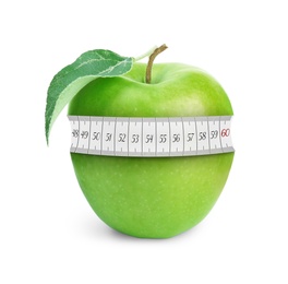 Image of Green apple with measuring tape on white background. Slimming, weight loss concept