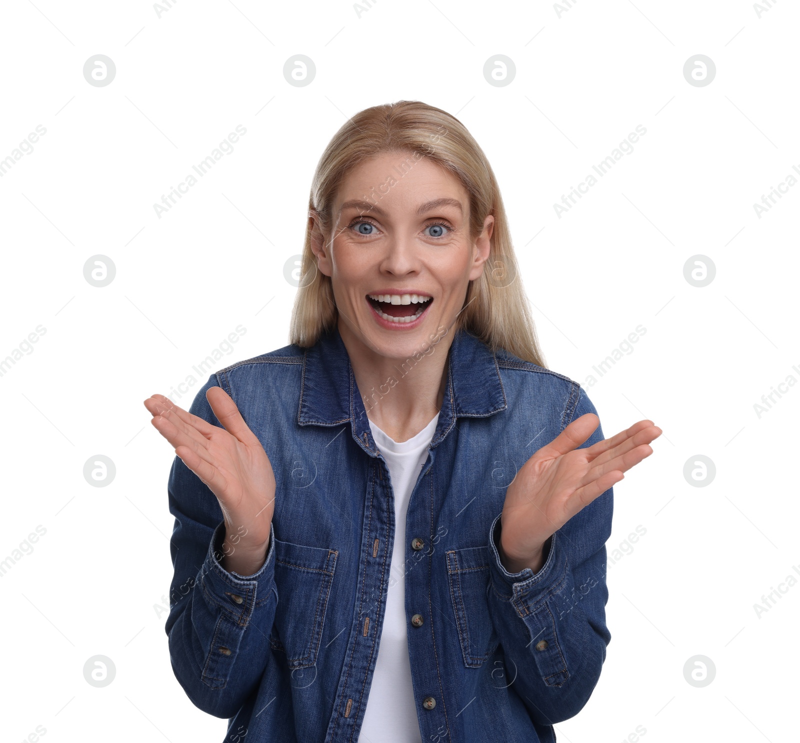 Photo of Portrait of happy surprised woman isolated on white