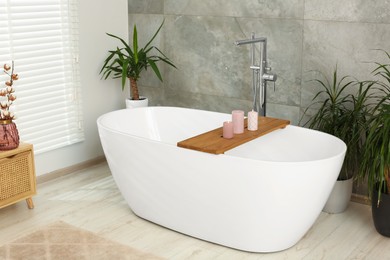 Stylish bathroom interior with beautiful tub and houseplants