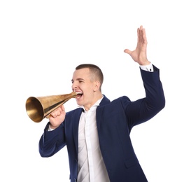 Young emotional businessman with megaphone on white background