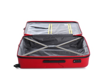 Photo of Open suitcase for travelling on white background