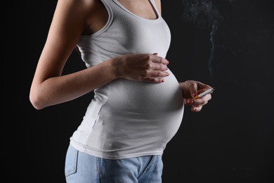 Photo of Pregnant woman smoking cigarette on black background, closeup. Space for text