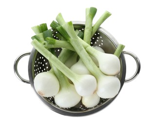 Photo of Colander with green spring onions isolated on white, top view