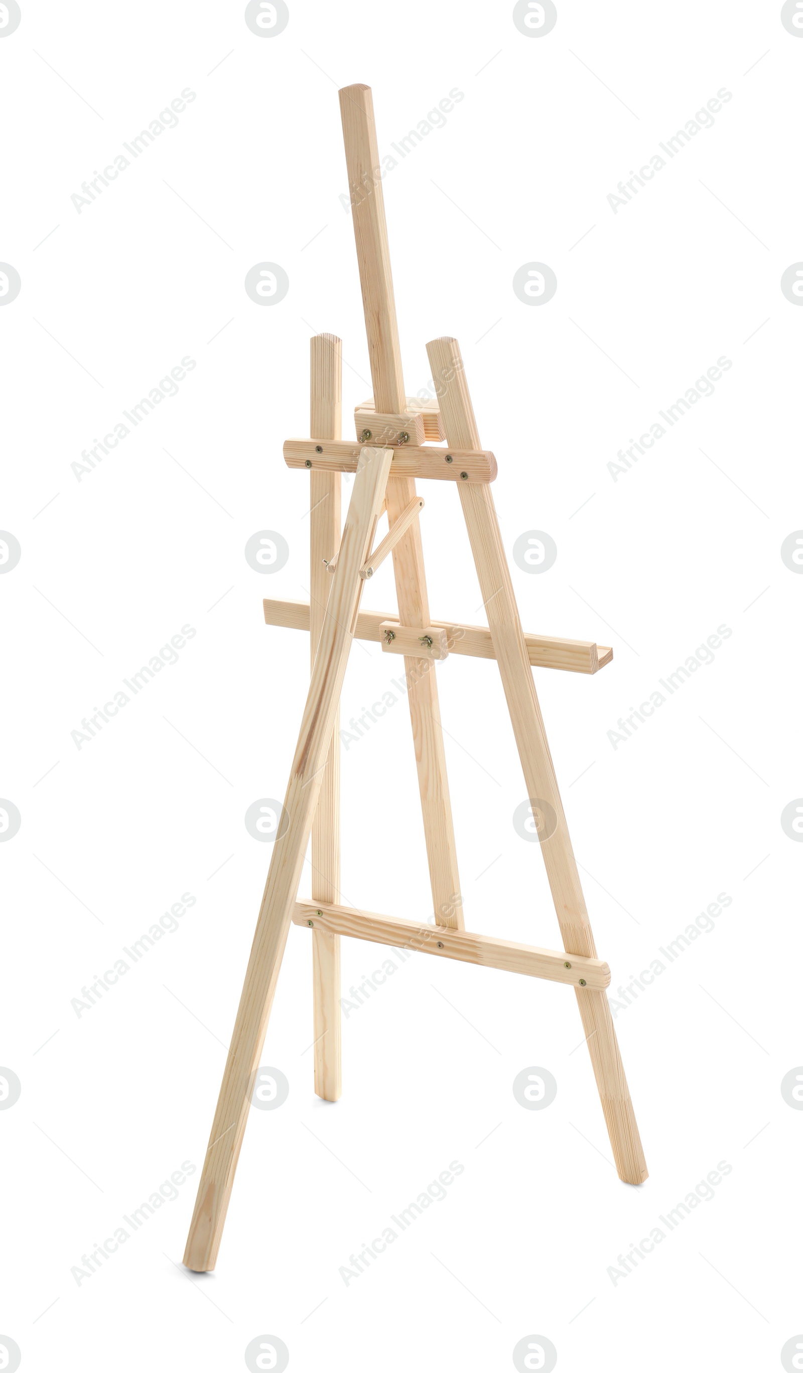 Photo of Empty wooden easel isolated on white. Equipment for art