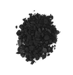 Photo of Pile of crushed activated charcoal pills on white background, top view. Potent sorbent