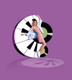 Image of Beautiful young woman dancing on violet background. Bright creative stylish design