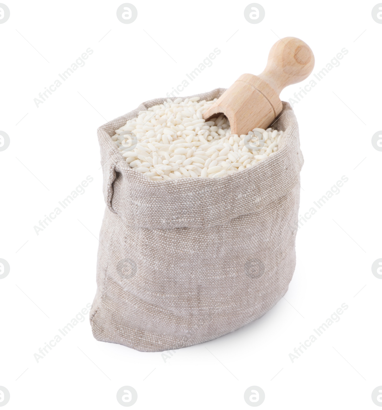 Photo of Raw rice in sack isolated on white