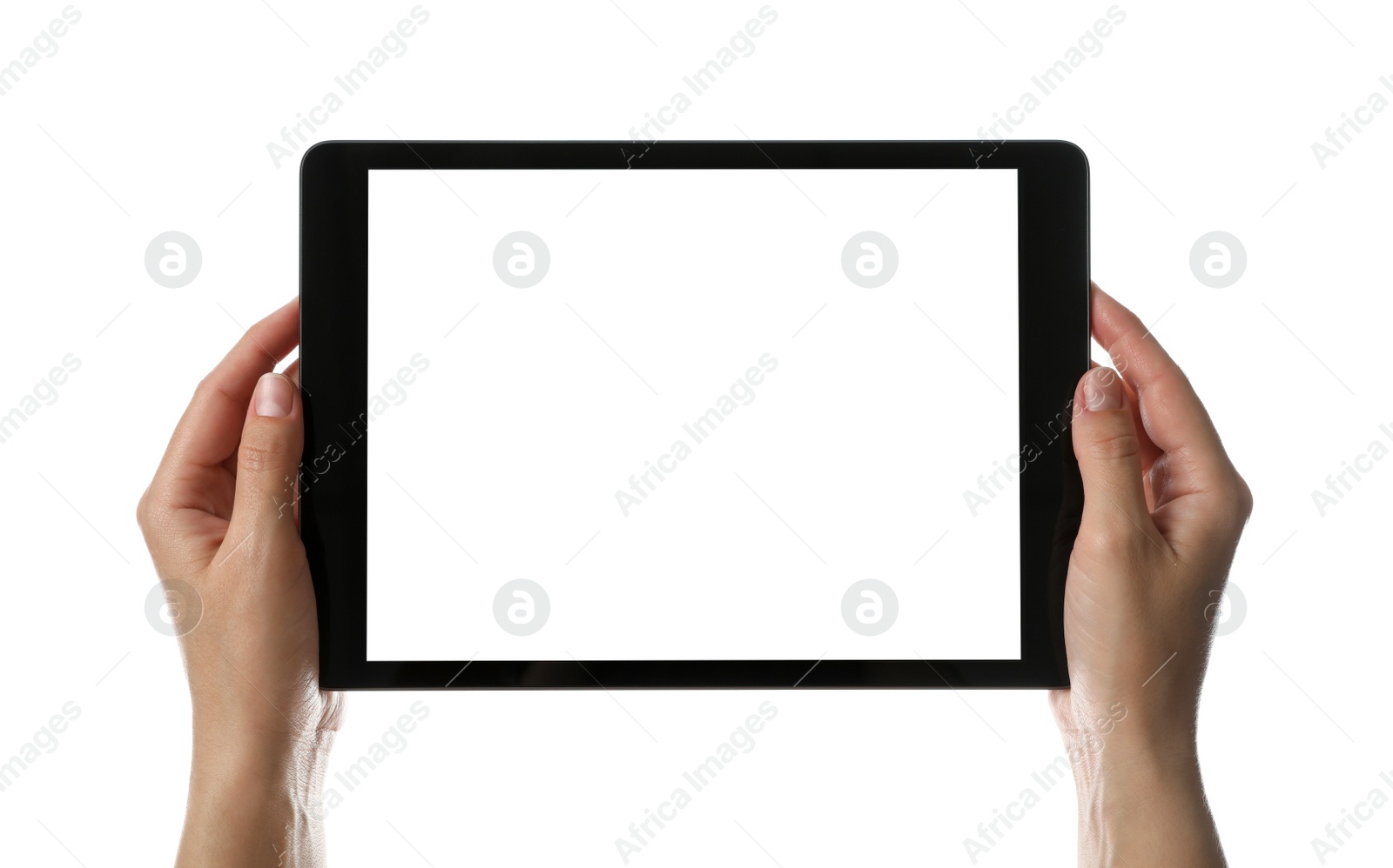 Photo of Woman holding tablet computer with blank screen on white background, closeup. Modern gadget