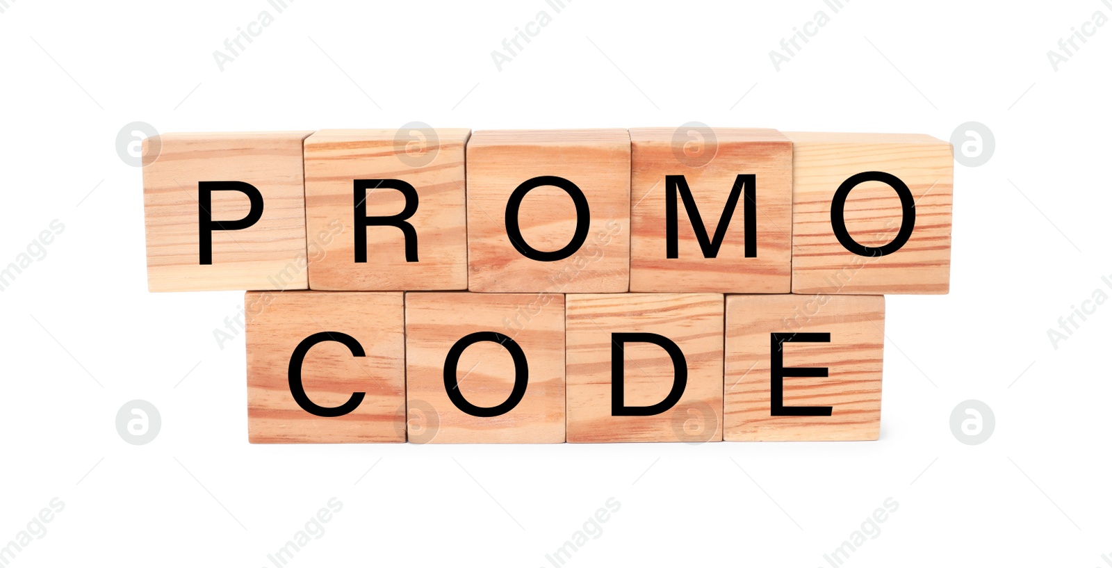 Photo of Wooden cubes with words Promo Code on white background