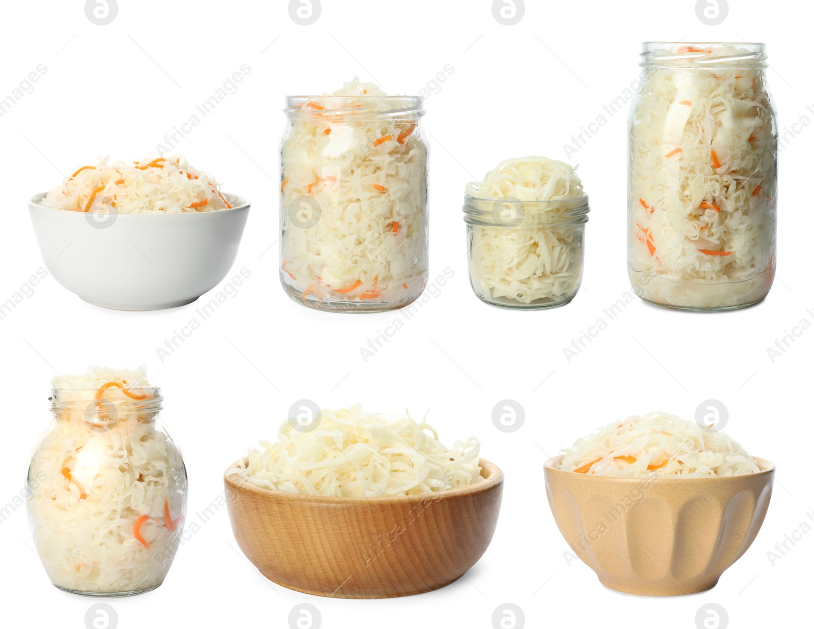 Image of Set of tasty fermented cabbage isolated on white