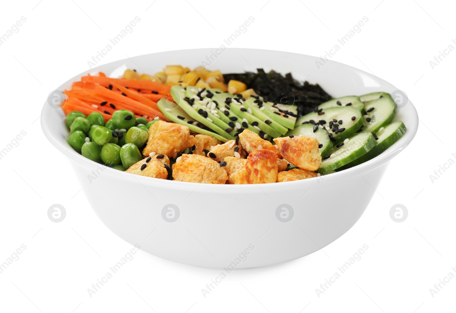 Photo of Delicious salad with chicken and vegetables in bowl isolated on white