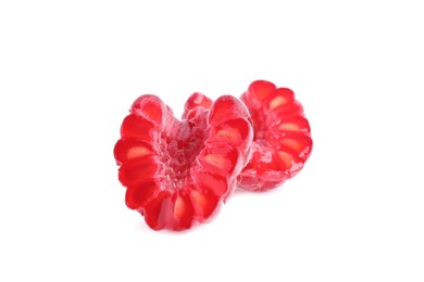 Photo of Halves of fresh ripe raspberry isolated on white