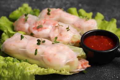 Photo of Tasty spring rolls served with lettuce, sauce and microgreens on grey textured table, closeup