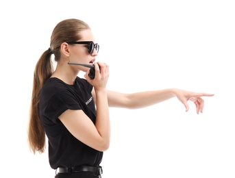 Photo of Female security guard using portable radio transmitter on white background