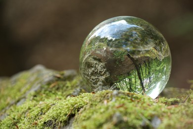 Beautiful forest with green trees, overturned reflection. Crystal ball on stone surface with moss outdoors. Space for text