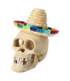 Human scull with Mexican sombrero hat isolated on white