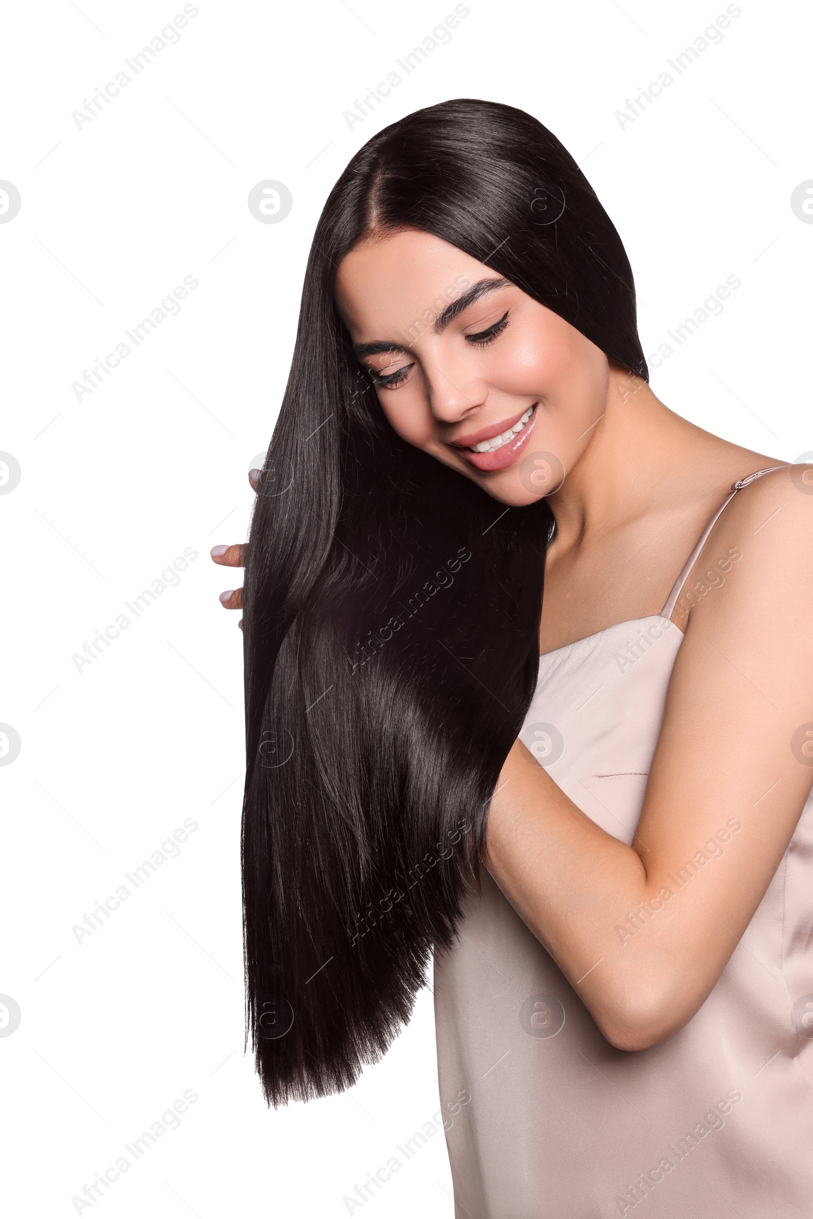 Photo of Portrait of beautiful young woman with healthy strong hair on white background