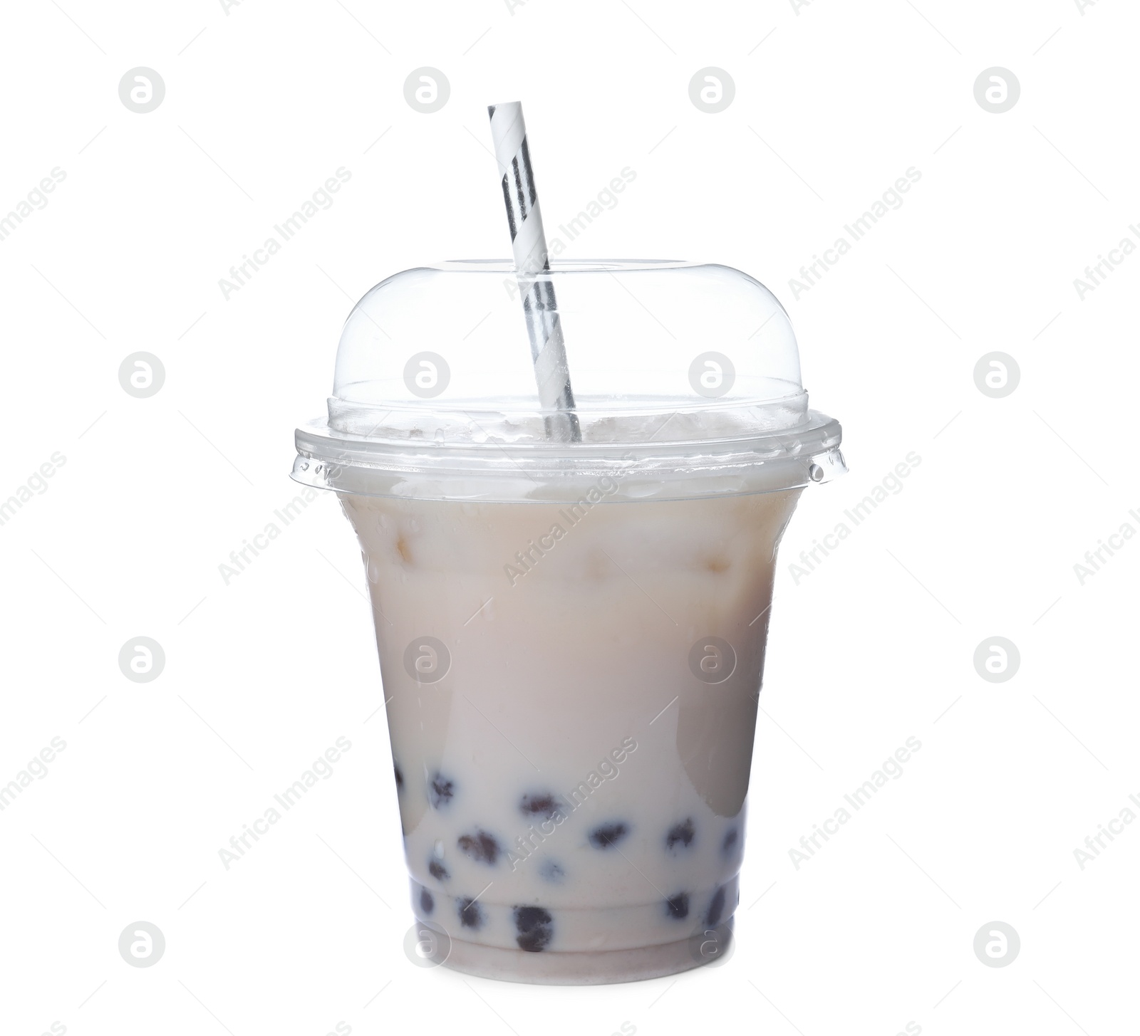 Photo of Tasty brown milk bubble tea in plastic cup isolated on white