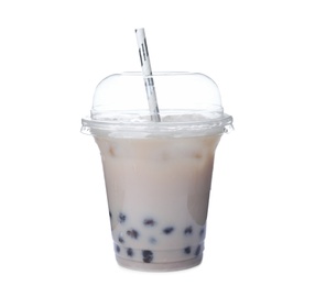 Tasty brown milk bubble tea in plastic cup isolated on white