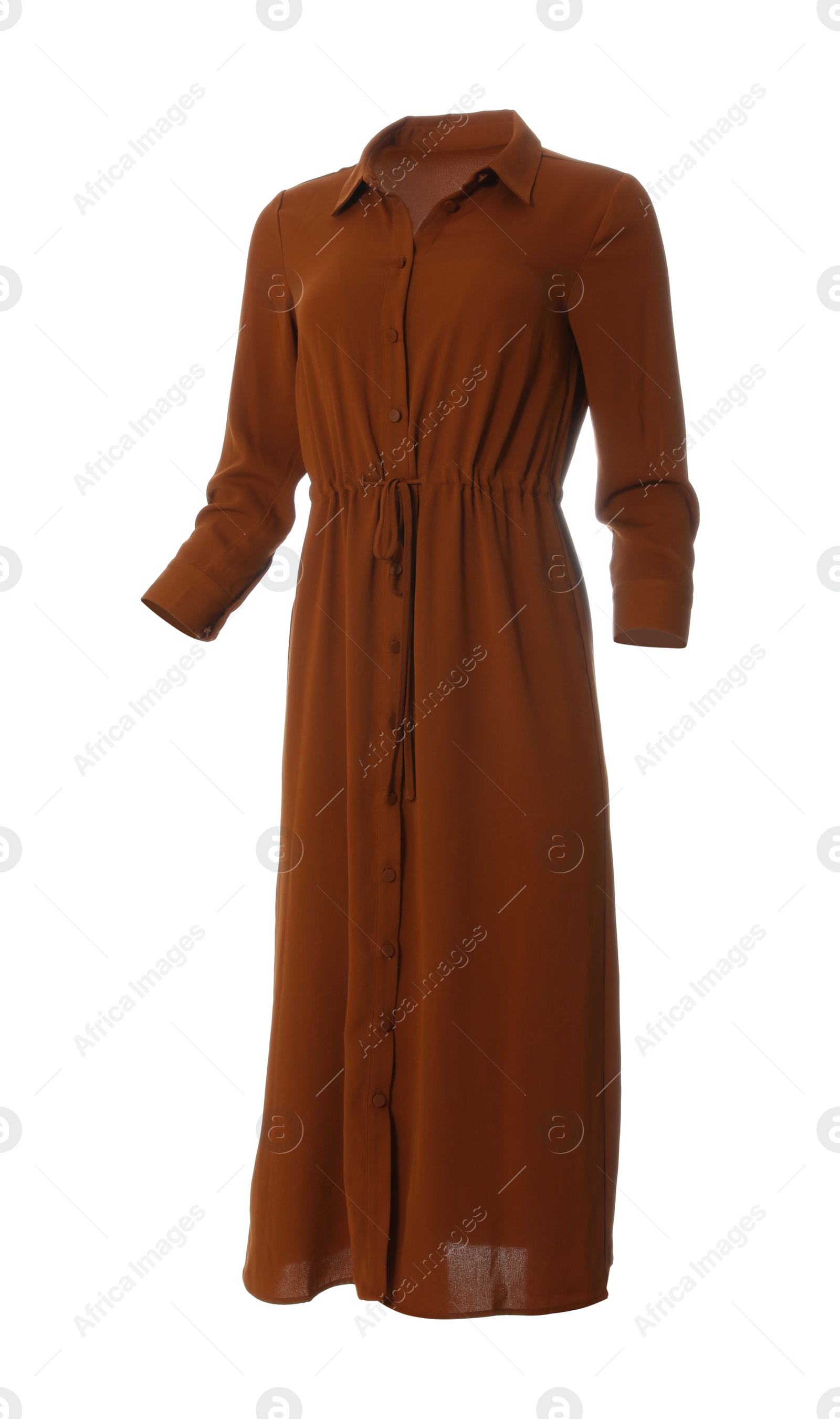 Photo of Stylish long dark red dress on white background