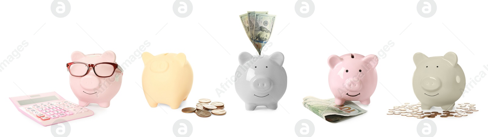 Image of Set with piggy banks on white background. Banner design