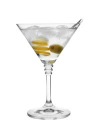 Glass of classic martini cocktail with ice cubes, lemon zest and olive on white background