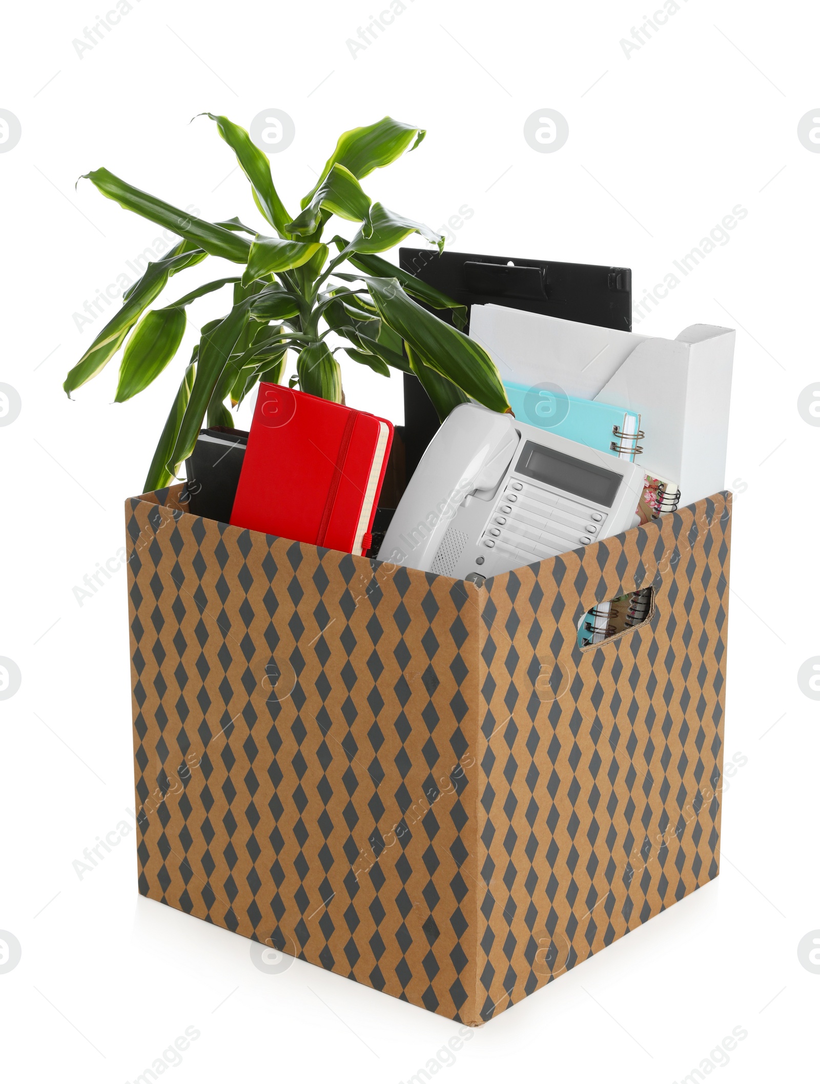 Photo of Moving box with stuff isolated on white. Work promotion concept