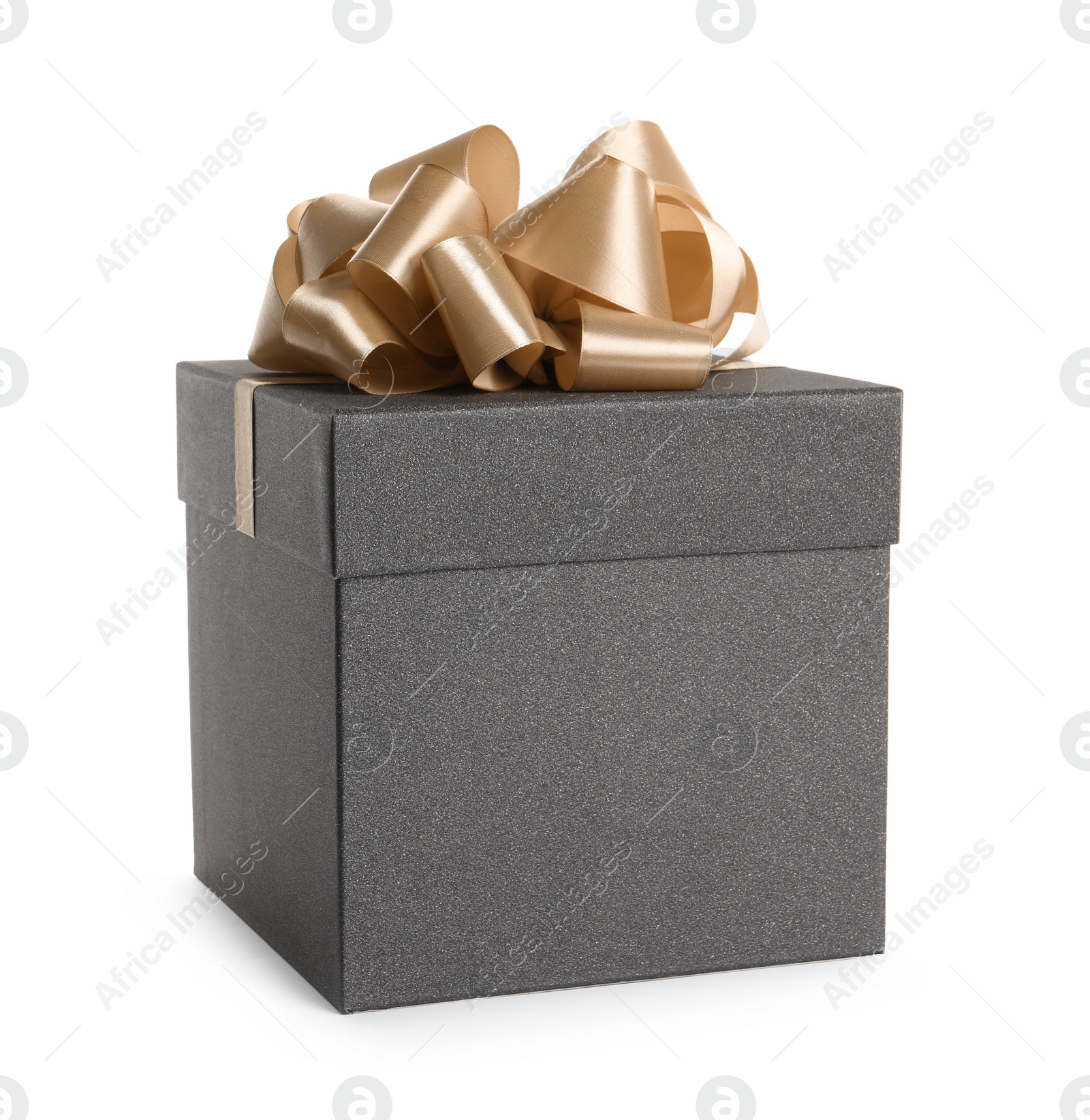 Photo of Black gift box with golden bow on white background