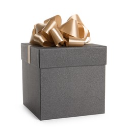 Photo of Black gift box with golden bow on white background