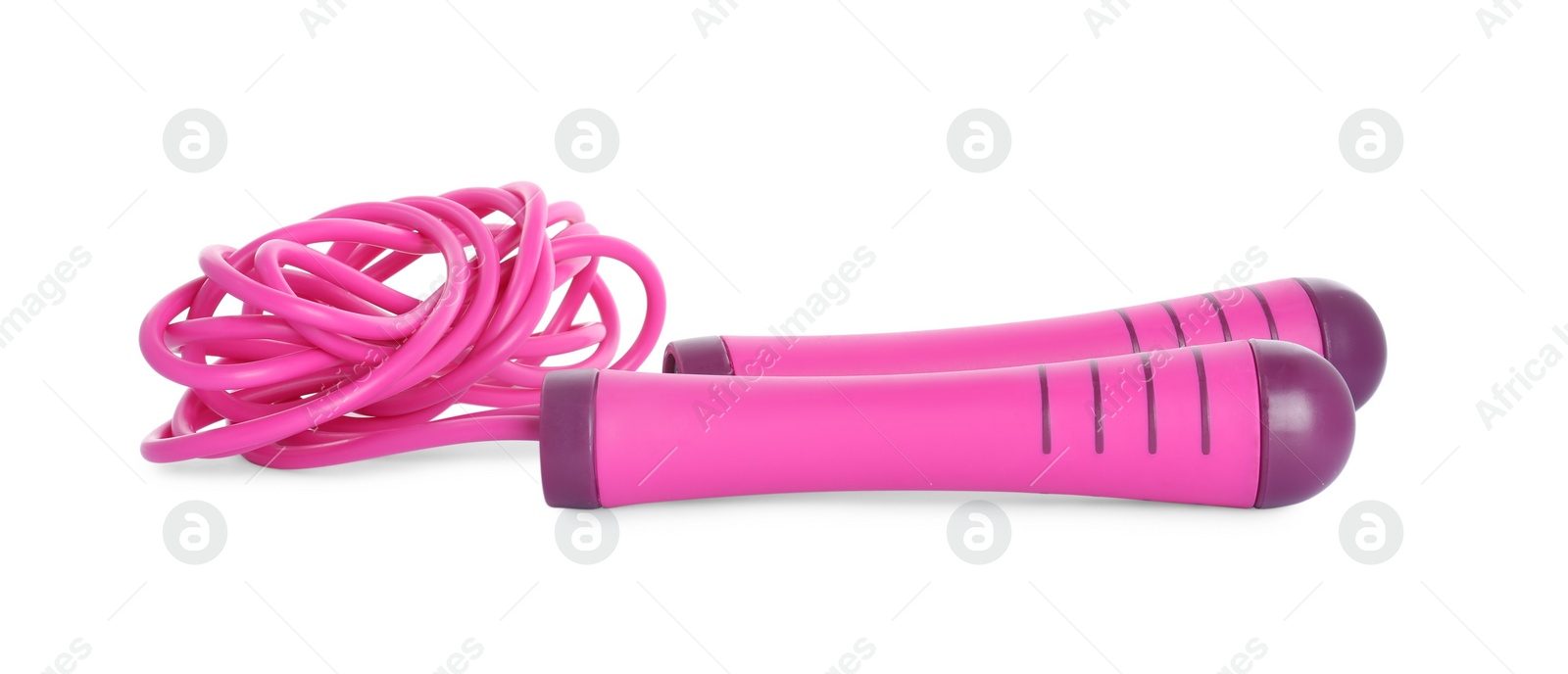 Photo of Pink skipping rope isolated on white. Sport equipment