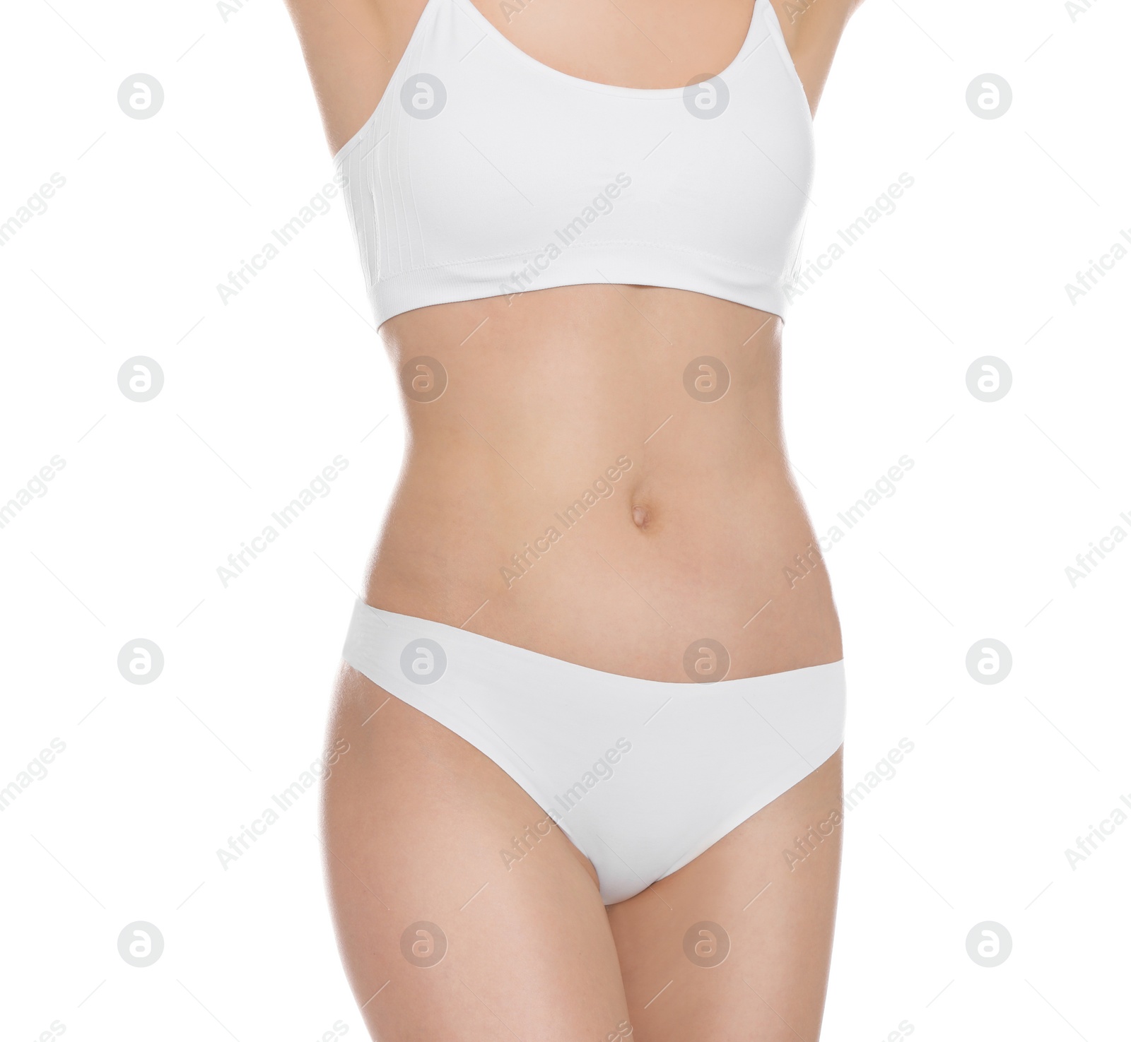 Photo of Slim young woman with smooth gentle skin on white background. Beauty and body care concept