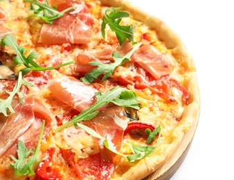 Tasty hot pizza with meat on light background