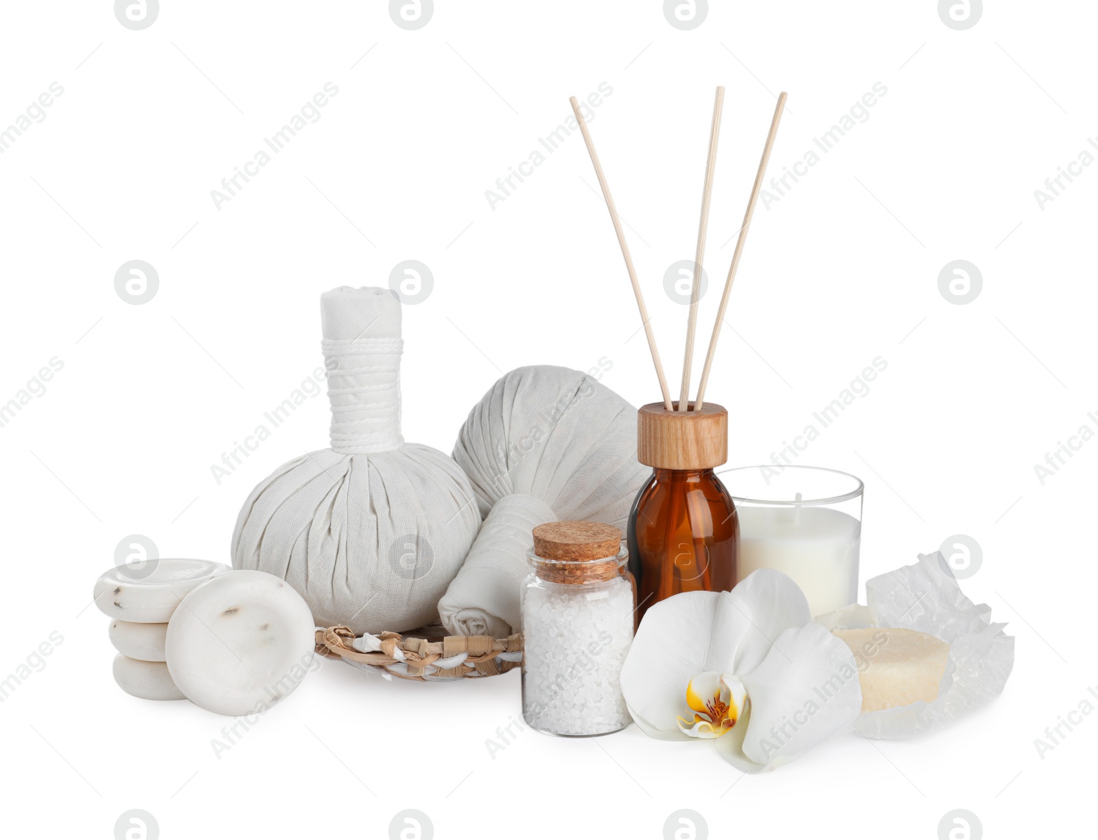 Photo of Beautiful spa composition with different body care products isolated on white