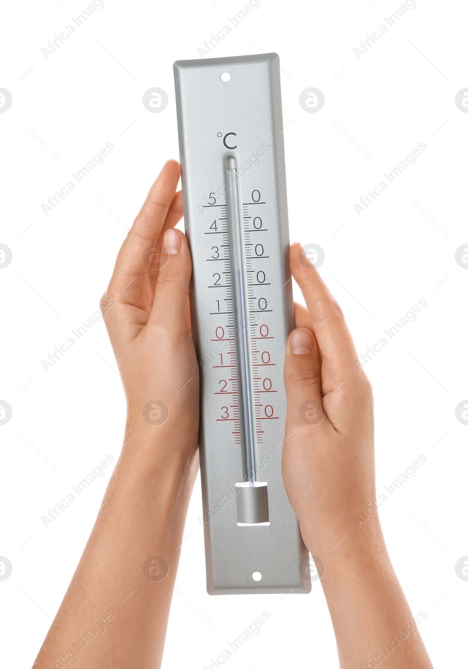 Photo of Woman holding weather thermometer on white background, closeup