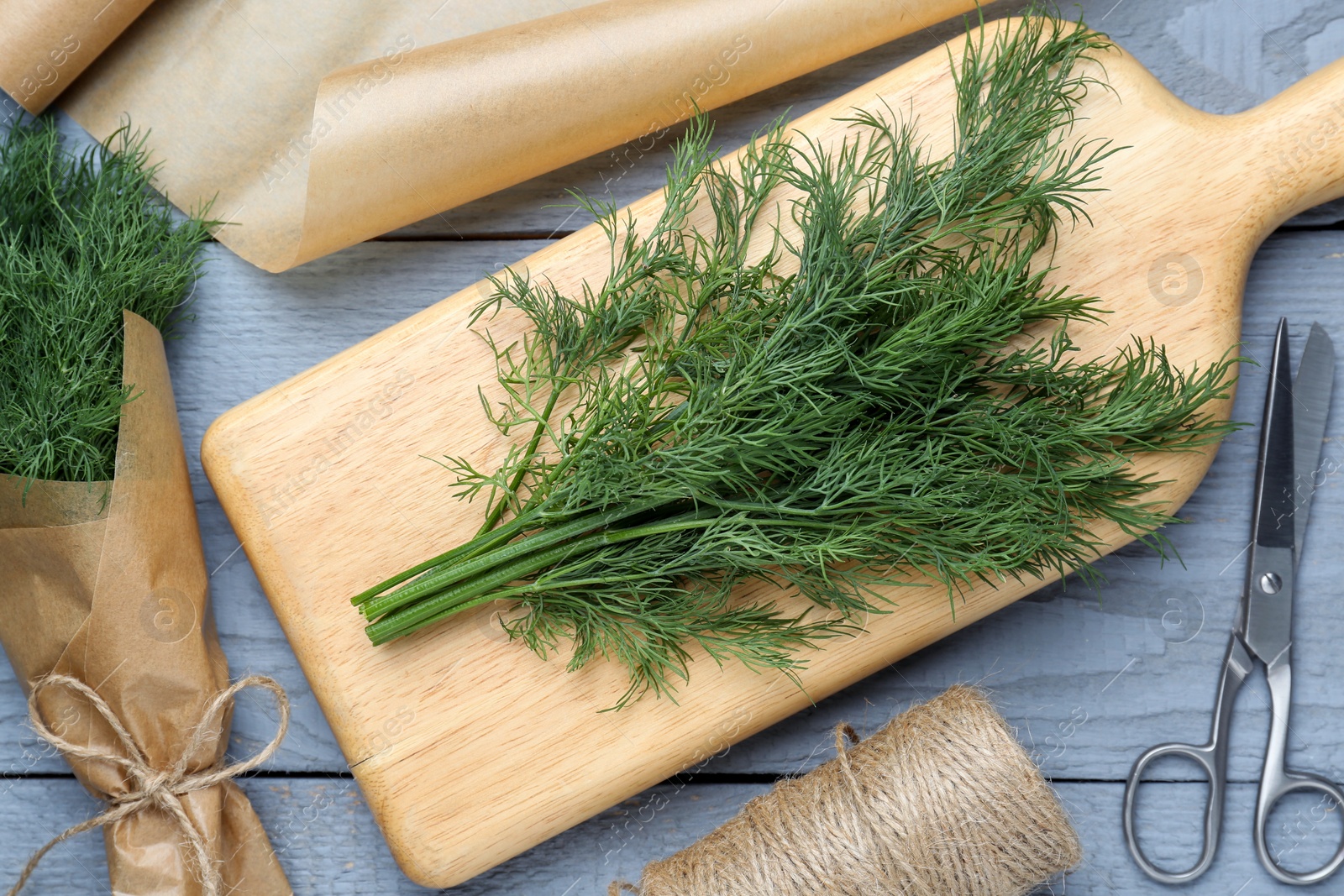 Photo of Fresh dill and scissors on grey wooden table, flat lay