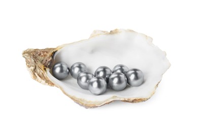 Photo of Oyster shell with black pearls on white background