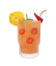 Photo of Glass of spicy pineapple cocktail with chili pepper isolated on white