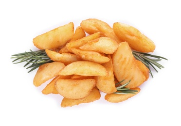 Photo of Baked potatoes with rosemary on white background, top view