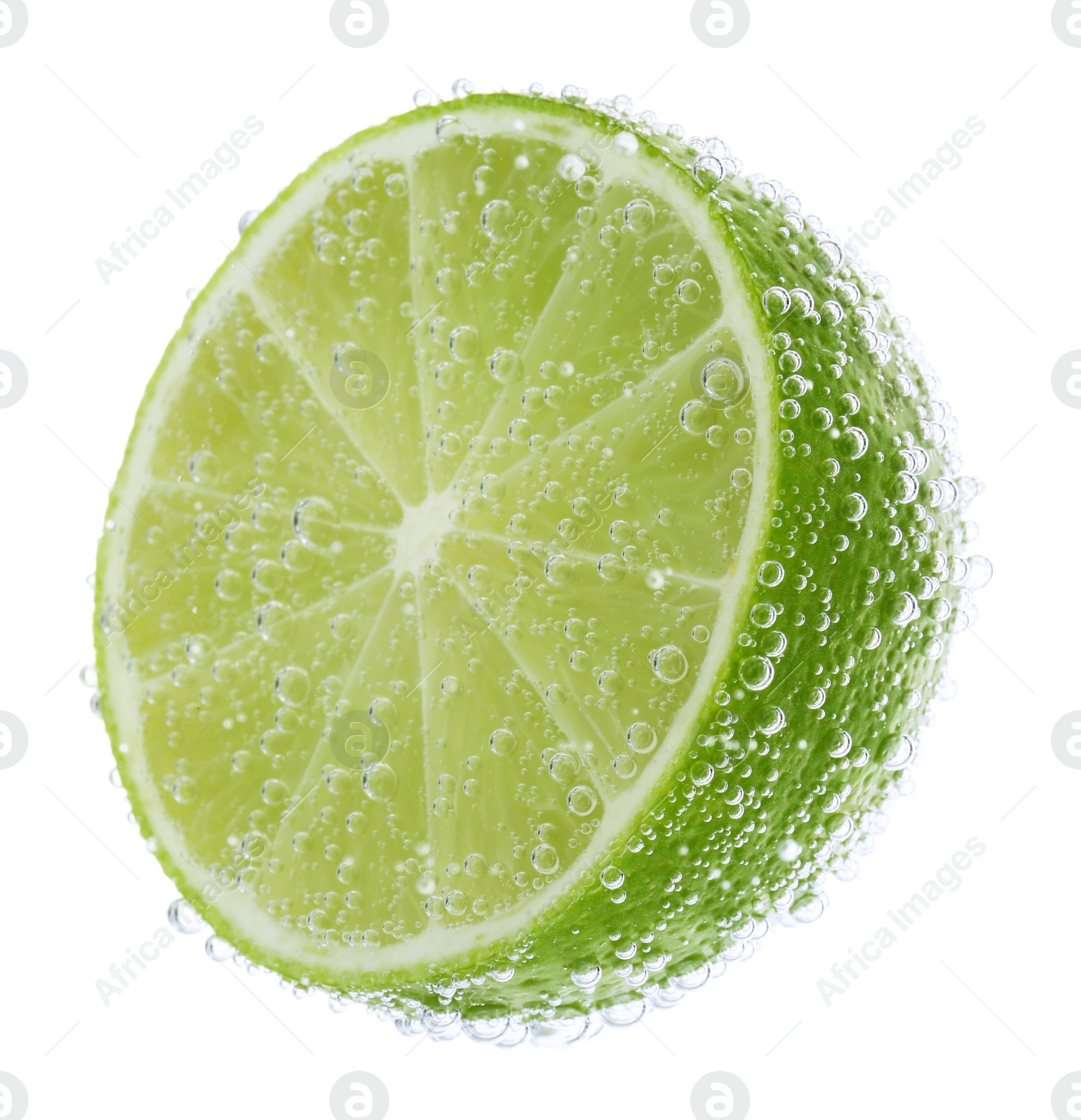 Photo of Fresh lime in sparkling water on white background