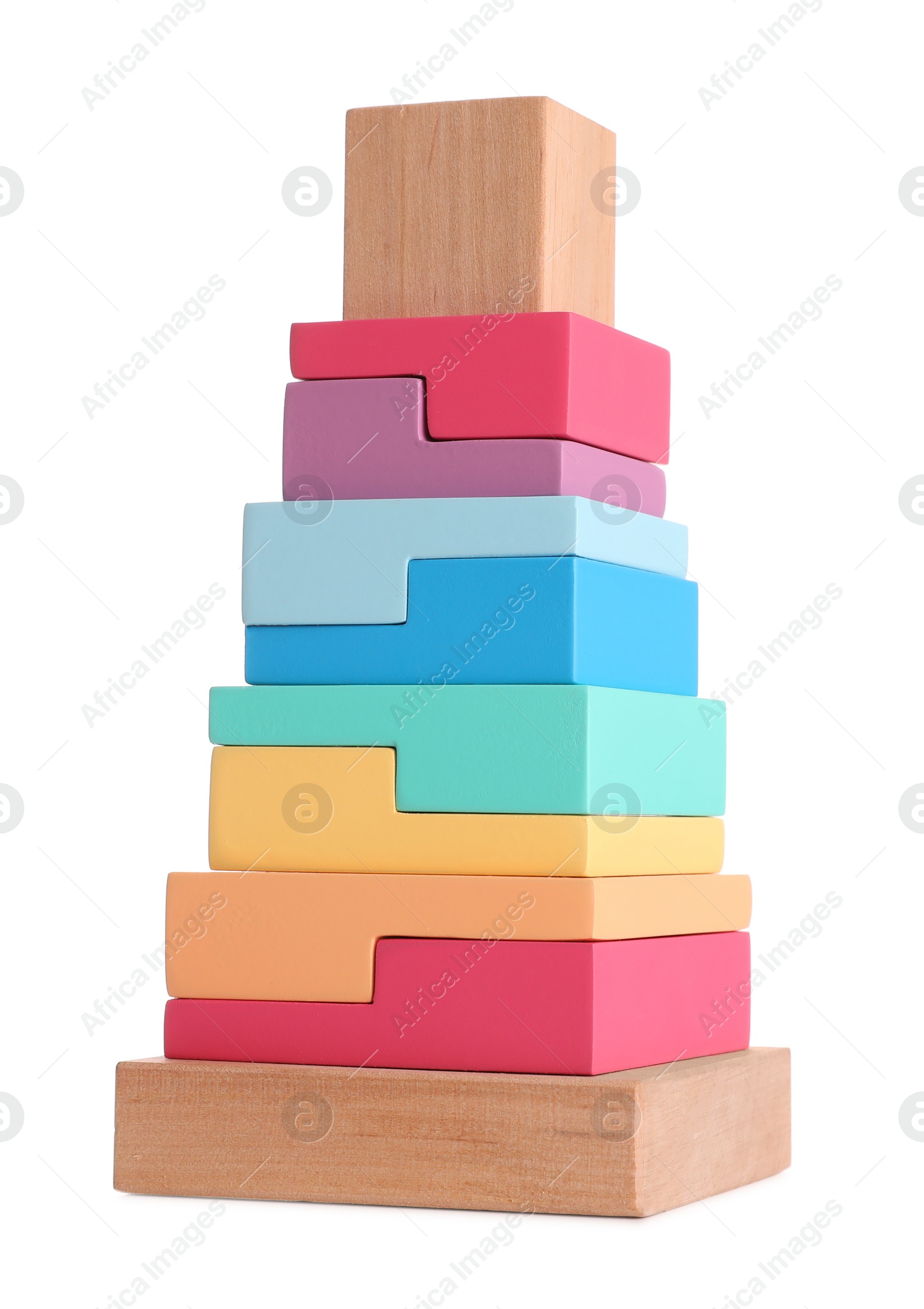 Photo of Stack of colorful wooden blocks on white background