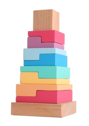 Photo of Stack of colorful wooden blocks on white background